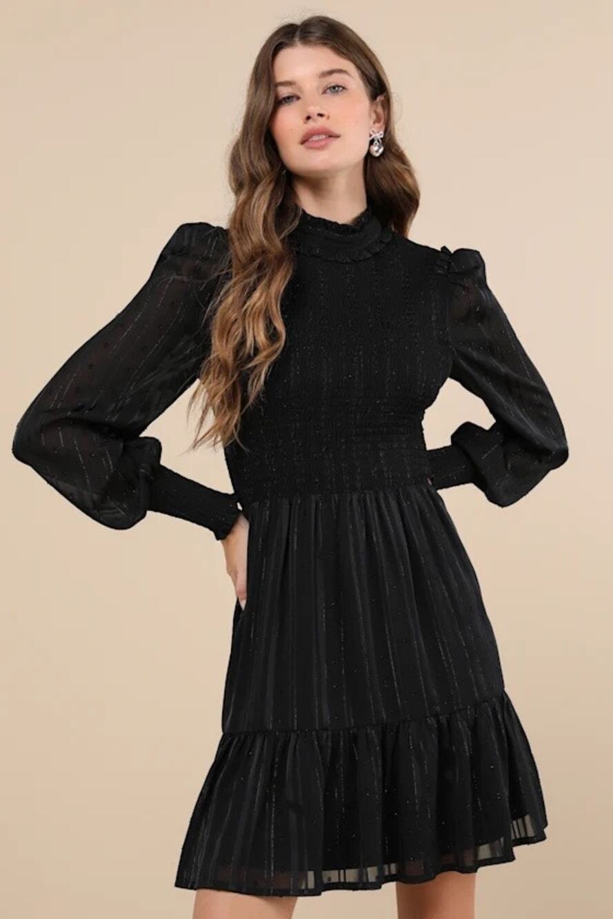 Lulus Heartful Romance Black Striped Smocked Long Sleeve Mini Dress - Picture 1 of 11